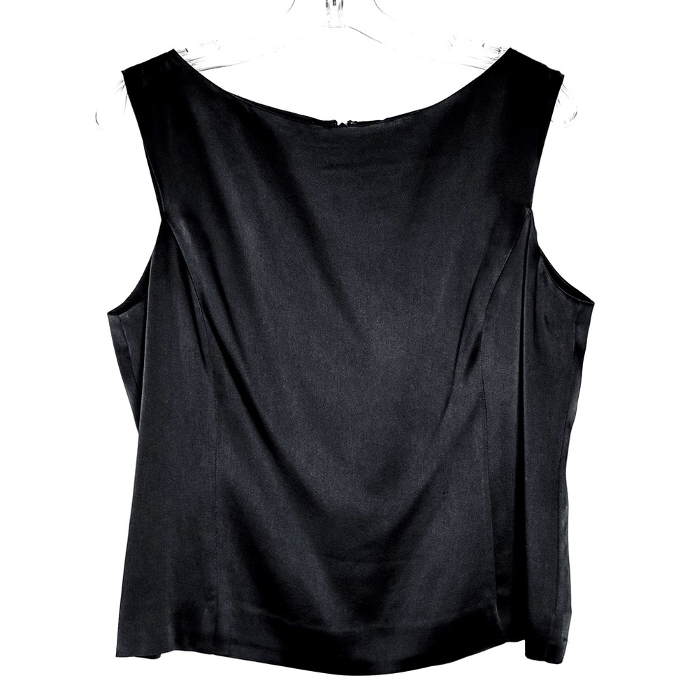 Emanuel Ungaro Petite Satin Black Sleeveless Scoop Neck Blouse